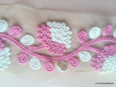 Beige Net Lace Trim With White And Coral / Yellow / Pink / Green / Black Embroidery, Approx. 85mm wide - 200317L257/58/59/60/61